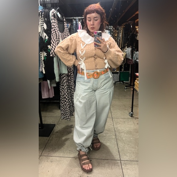 80B. Eyelet Collar Cable Knit Cardigan - Rose - Picture 10 of 12